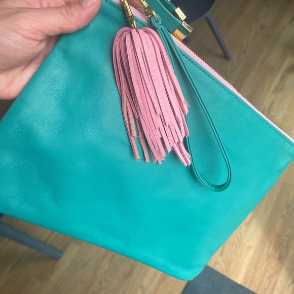 K. Slade Teal Genuine lamb leather Vale pouch, wristlet, and pink Pom tassel. - Picture 5 of 7